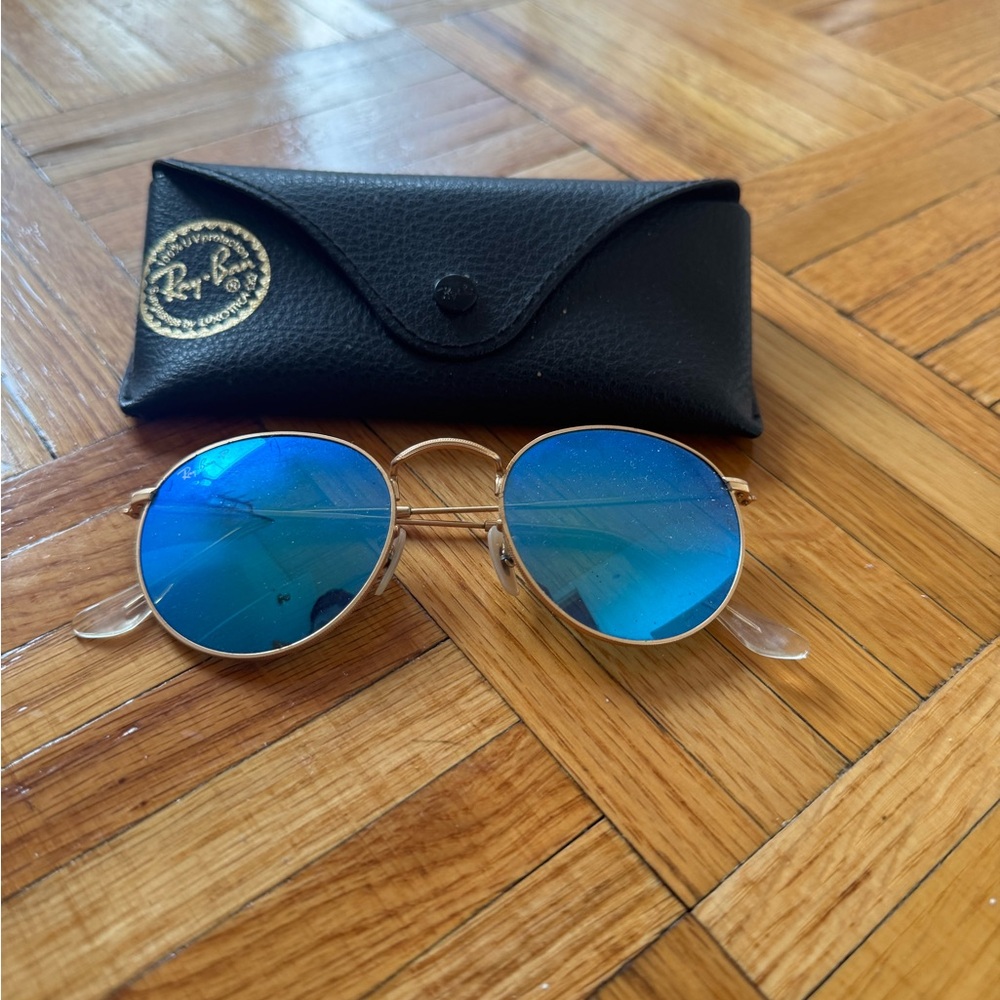 Ray-Ban Gold Frame Sunglasses with Blue Lenses